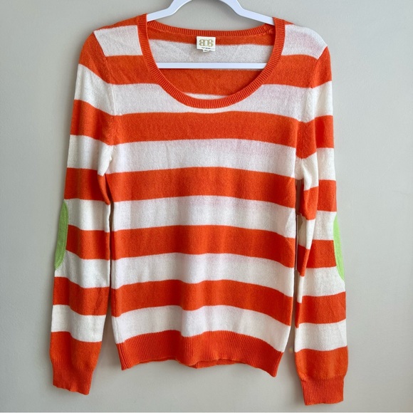 Boo Gemes | NWT Orange and Lime Cashmere Elbow Patch Striped Sweater - Picture 1 of 6